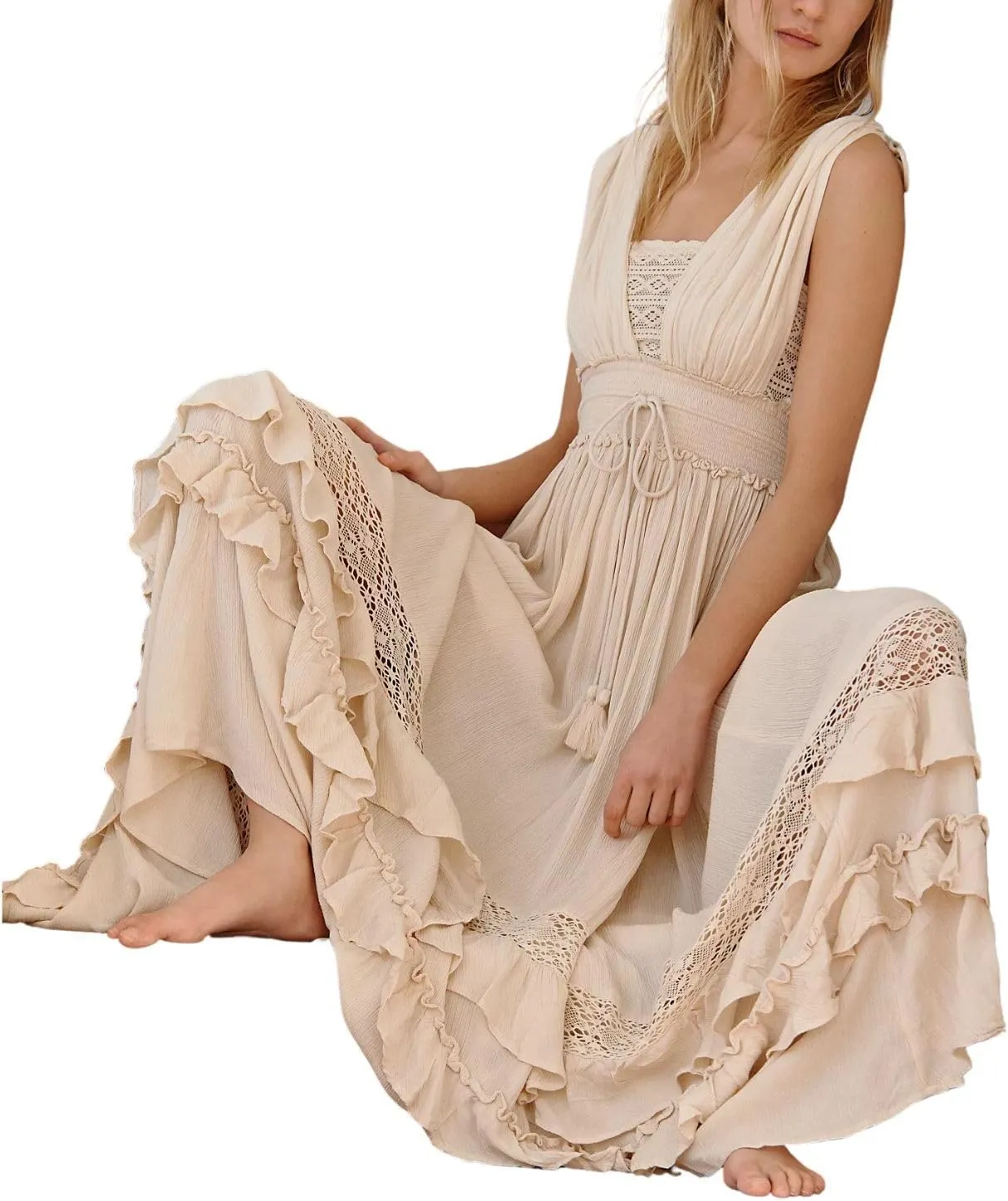 Boho Tie Shoulder Long Dress for Women Sleeveless Ruffle Tiered Maxi Dresses Backless Summer Smocked Beach Sundress