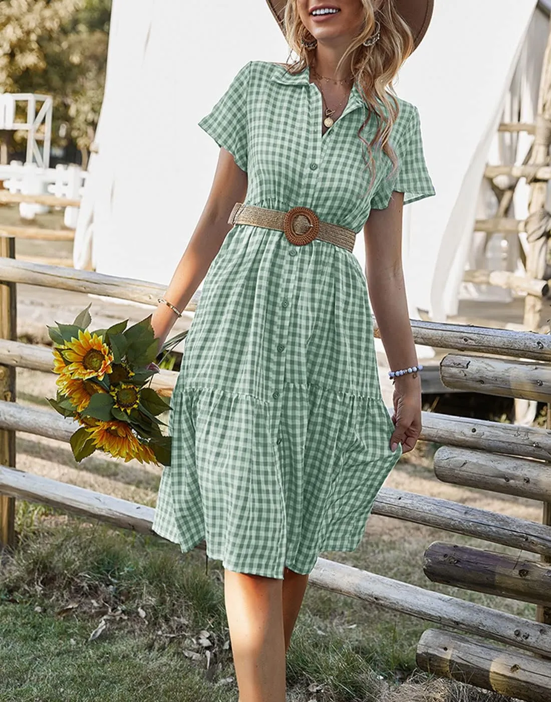 Bonnorth Women's Plaid Short Sleeve Shirt Collar Midi Dress Pleated Flowy Button Down Dresses