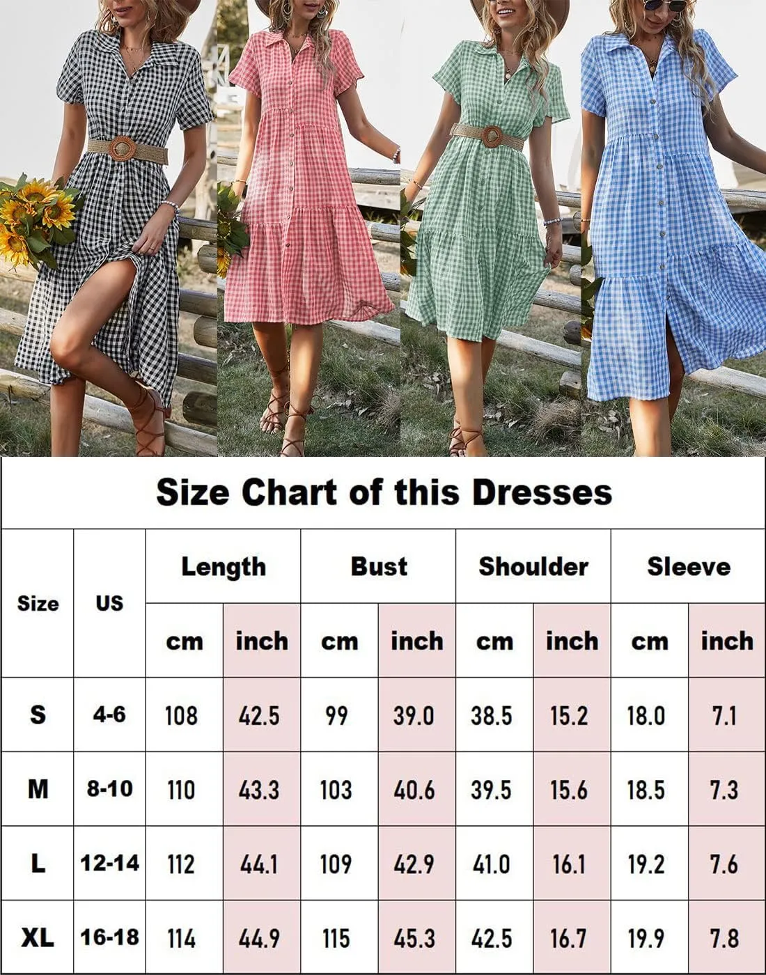 Bonnorth Women's Plaid Short Sleeve Shirt Collar Midi Dress Pleated Flowy Button Down Dresses