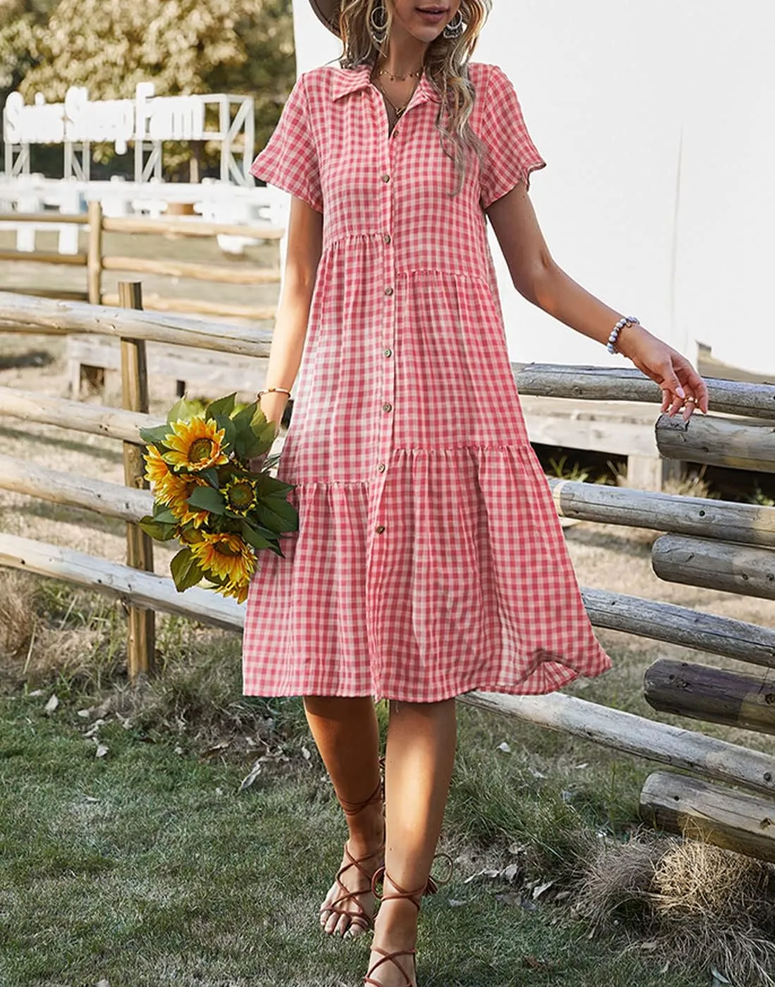 Bonnorth Women's Plaid Short Sleeve Shirt Collar Midi Dress Pleated Flowy Button Down Dresses