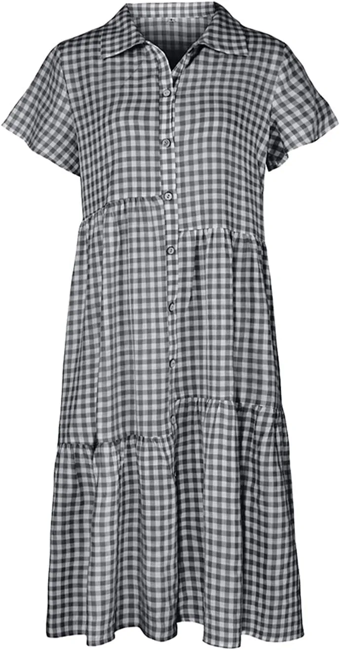 Bonnorth Women's Plaid Short Sleeve Shirt Collar Midi Dress Pleated Flowy Button Down Dresses