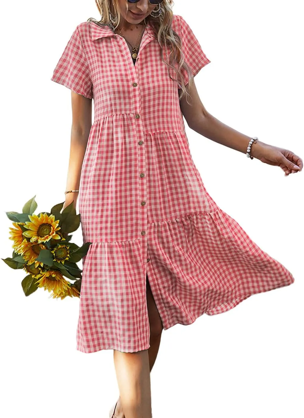 Bonnorth Women's Plaid Short Sleeve Shirt Collar Midi Dress Pleated Flowy Button Down Dresses