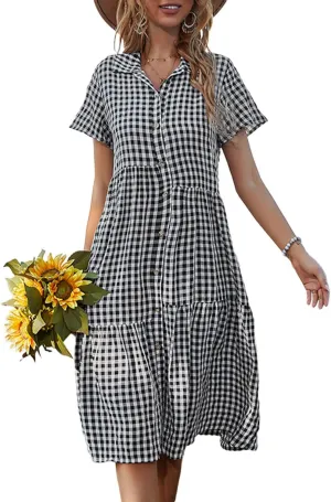 Bonnorth Women's Plaid Short Sleeve Shirt Collar Midi Dress Pleated Flowy Button Down Dresses