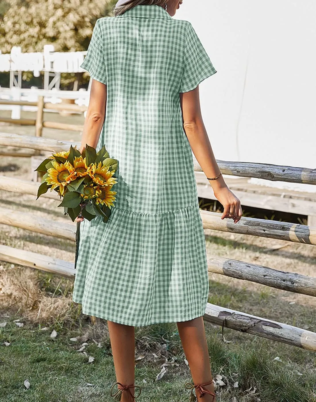 Bonnorth Women's Plaid Short Sleeve Shirt Collar Midi Dress Pleated Flowy Button Down Dresses