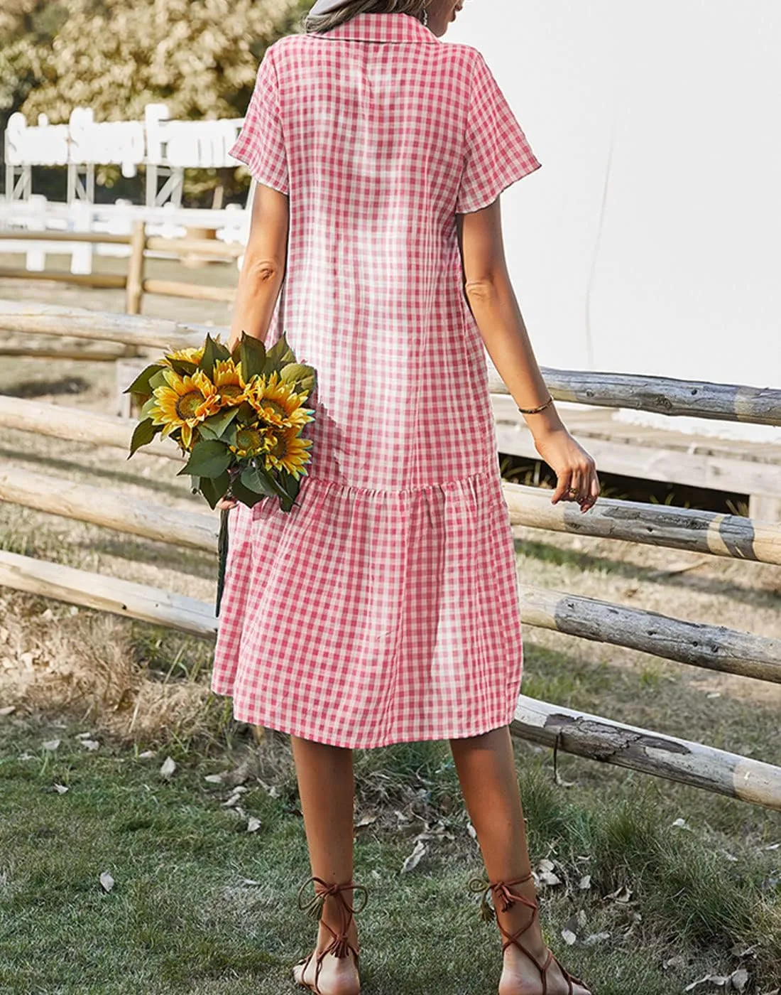 Bonnorth Women's Plaid Short Sleeve Shirt Collar Midi Dress Pleated Flowy Button Down Dresses