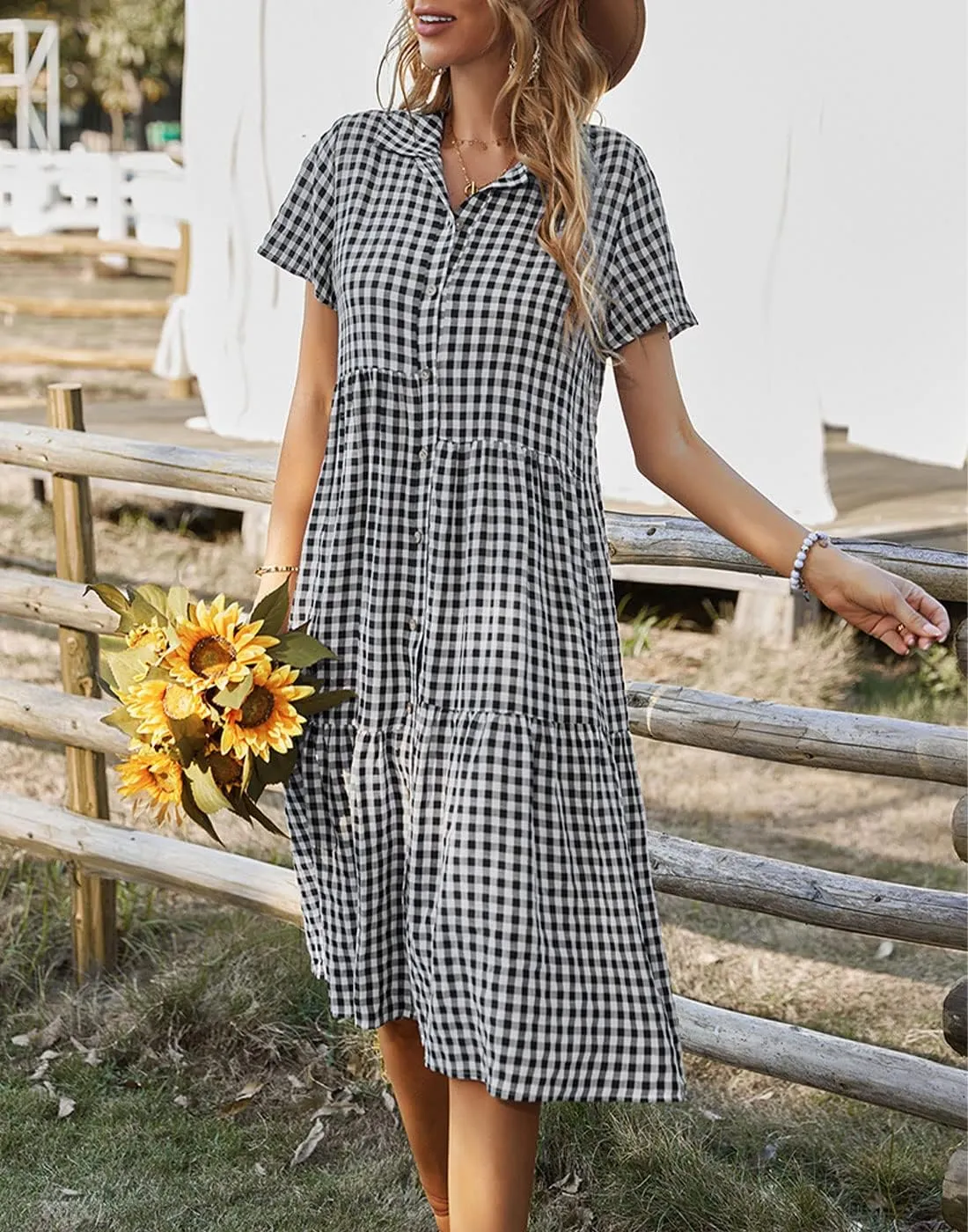 Bonnorth Women's Plaid Short Sleeve Shirt Collar Midi Dress Pleated Flowy Button Down Dresses