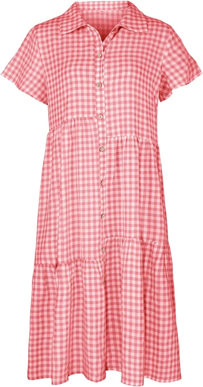 Bonnorth Women's Plaid Short Sleeve Shirt Collar Midi Dress Pleated Flowy Button Down Dresses