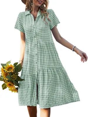 Bonnorth Women's Plaid Short Sleeve Shirt Collar Midi Dress Pleated Flowy Button Down Dresses
