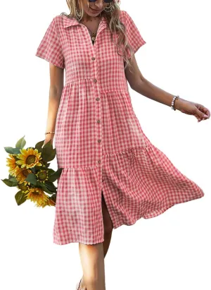 Bonnorth Women's Plaid Short Sleeve Shirt Collar Midi Dress Pleated Flowy Button Down Dresses
