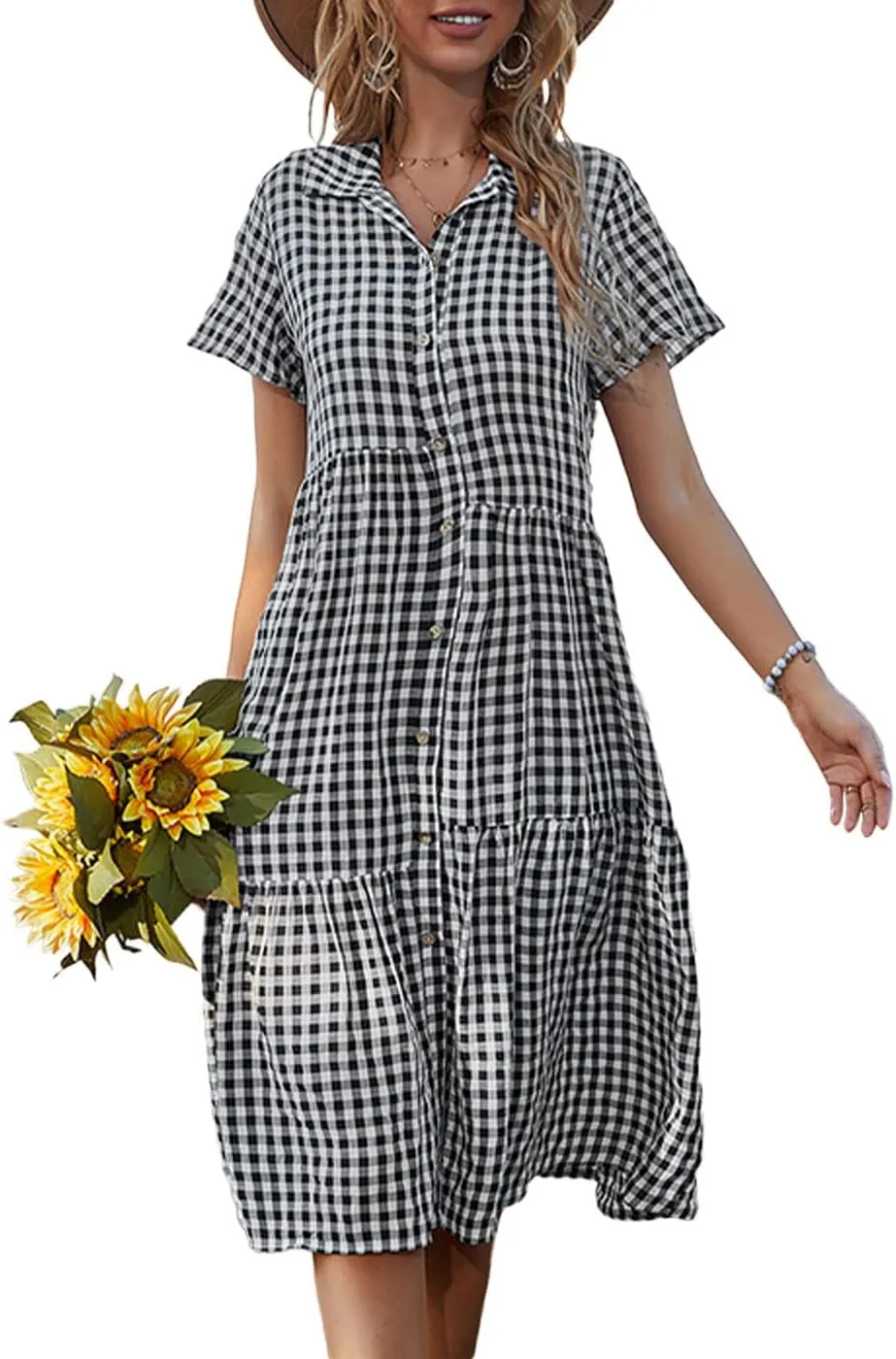Bonnorth Women's Plaid Short Sleeve Shirt Collar Midi Dress Pleated Flowy Button Down Dresses