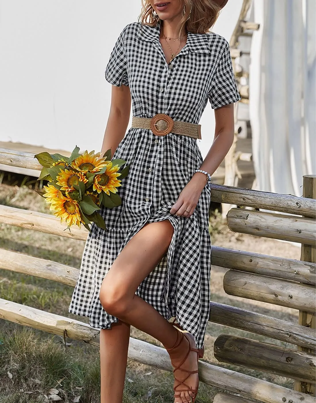 Bonnorth Women's Plaid Short Sleeve Shirt Collar Midi Dress Pleated Flowy Button Down Dresses