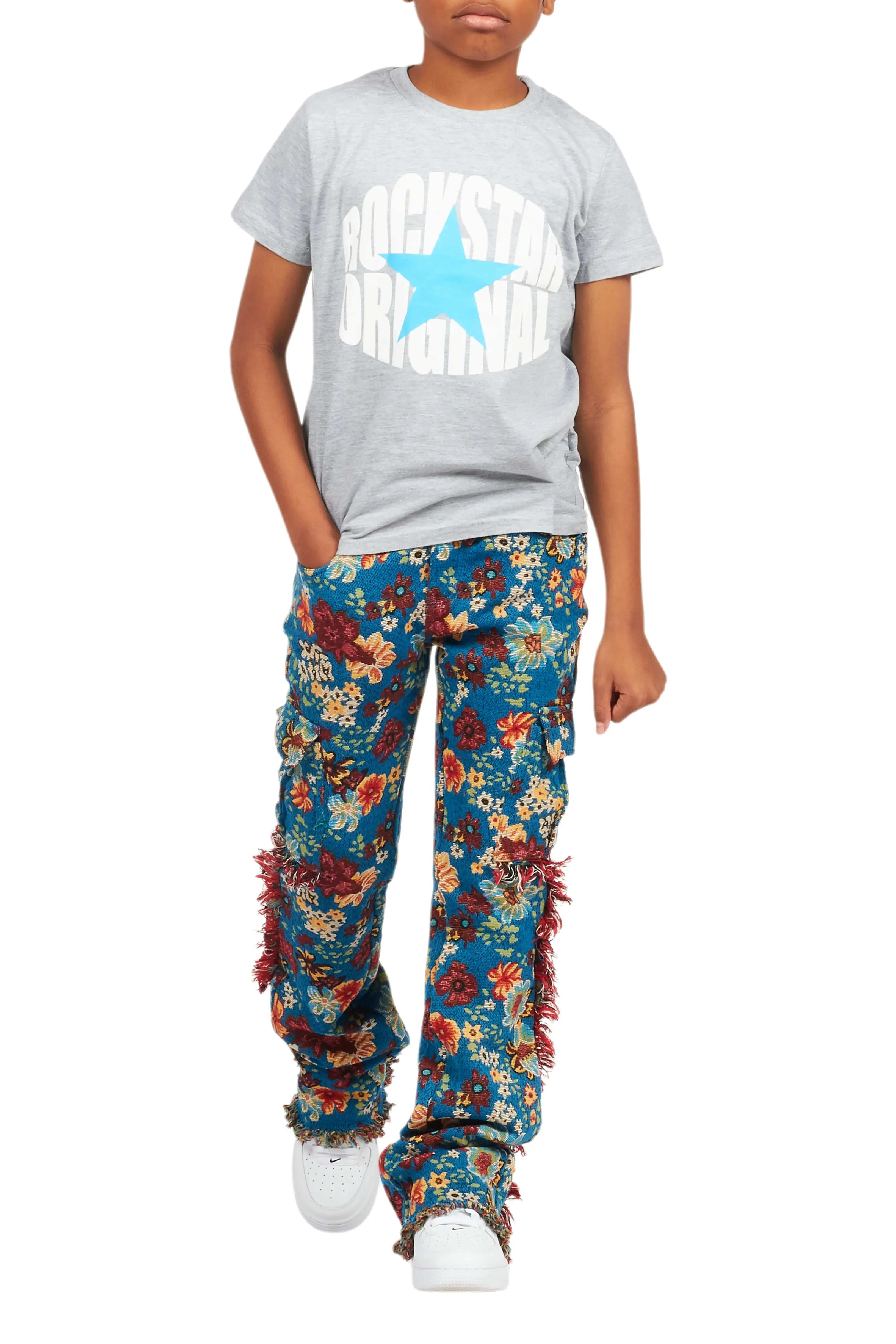 Boys Finn Blue Slim Tapestry Flare Pants