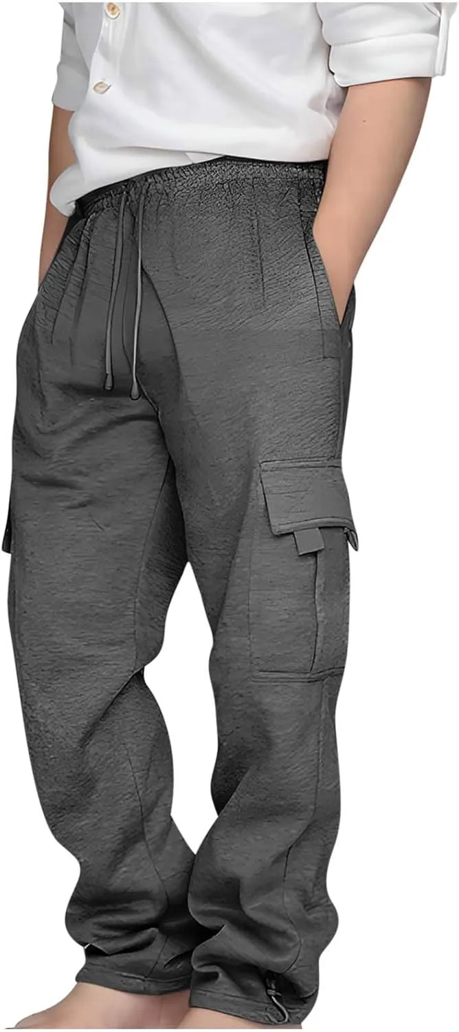 Boys' Open Bottom Fleece-Lined Sweatpants with Pockets High Elastic Waist Baggy Wide Straight Leg Pants 5-15 Years