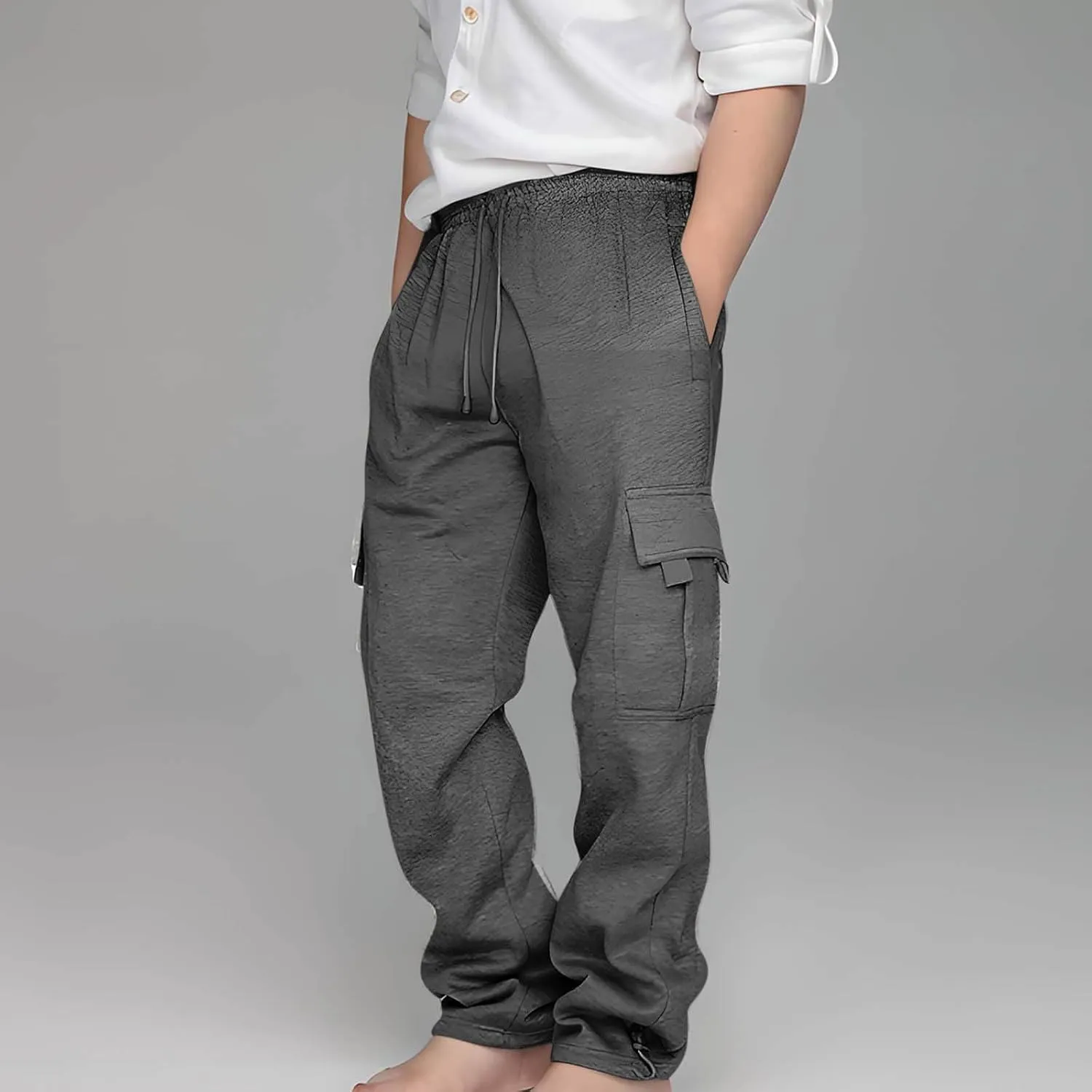 Boys' Open Bottom Fleece-Lined Sweatpants with Pockets High Elastic Waist Baggy Wide Straight Leg Pants 5-15 Years
