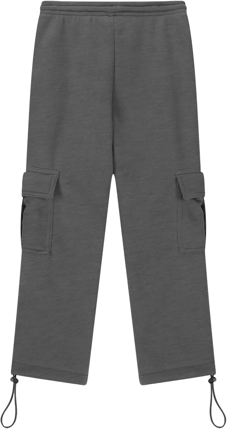 Boys' Open Bottom Fleece-Lined Sweatpants with Pockets High Elastic Waist Baggy Wide Straight Leg Pants 5-15 Years