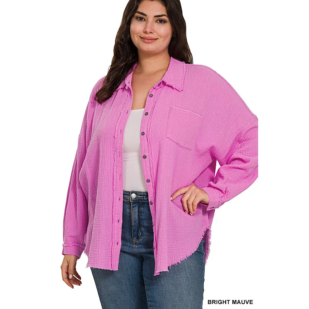 Bright Mauve Double Gauze Long Sleeve Button Front Plus Size Top