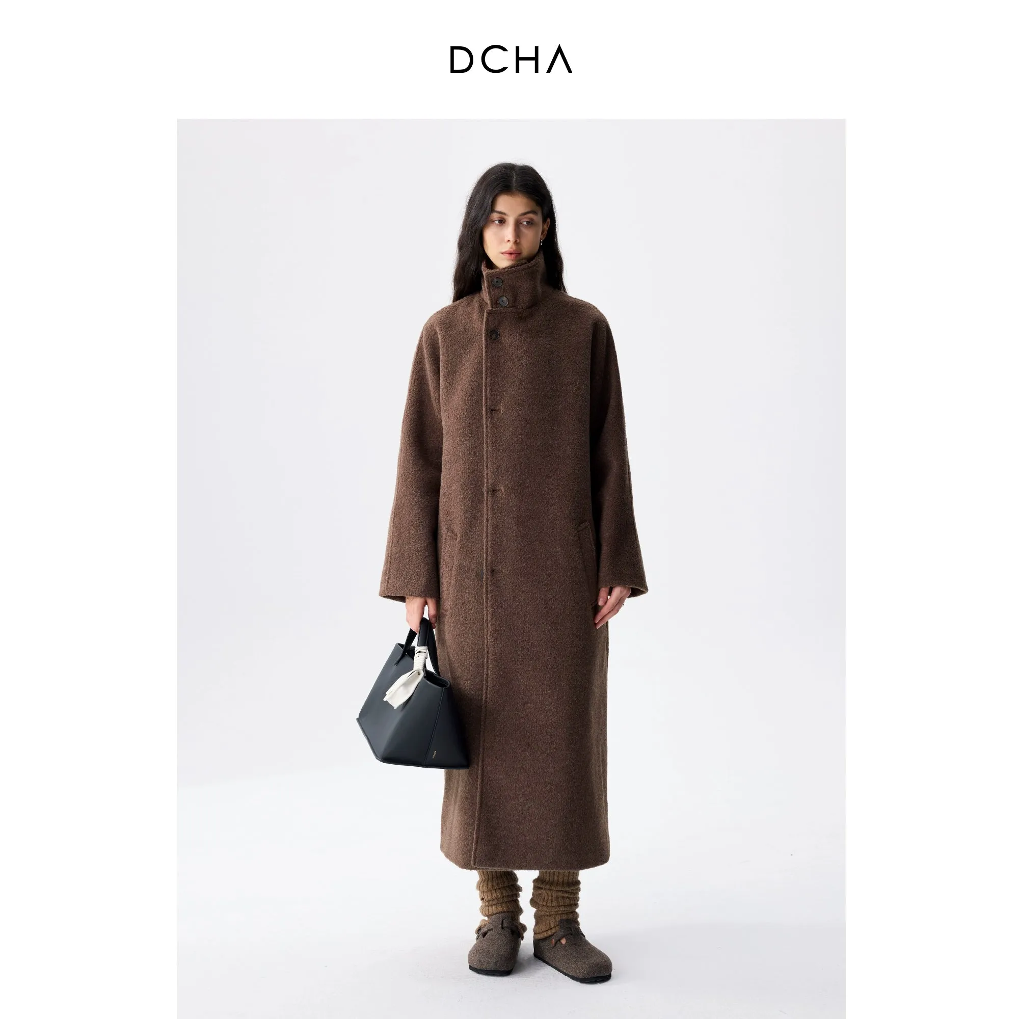 Brown High Collar Wool Tweed Coat