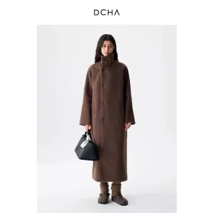 Brown High Collar Wool Tweed Coat