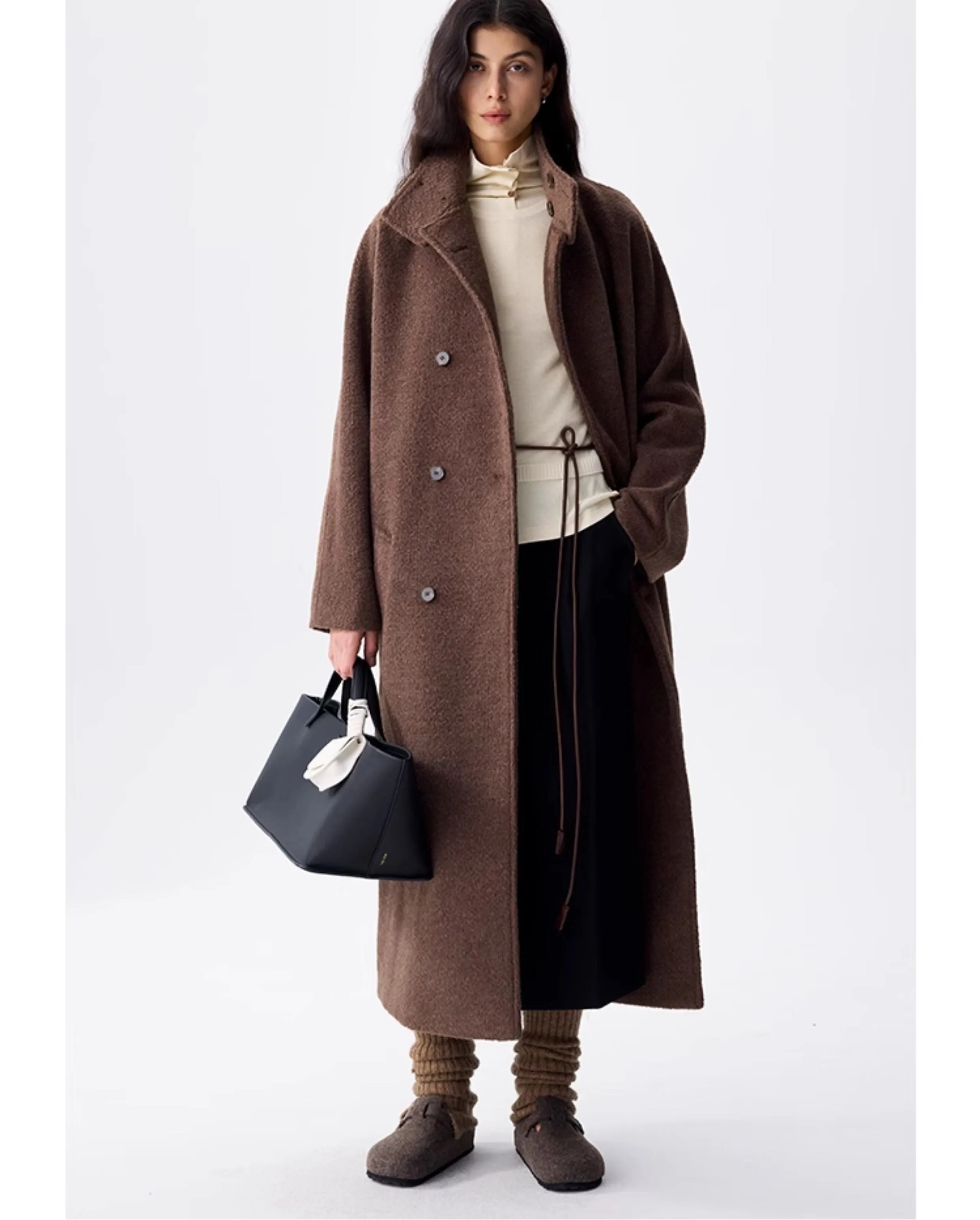 Brown High Collar Wool Tweed Coat