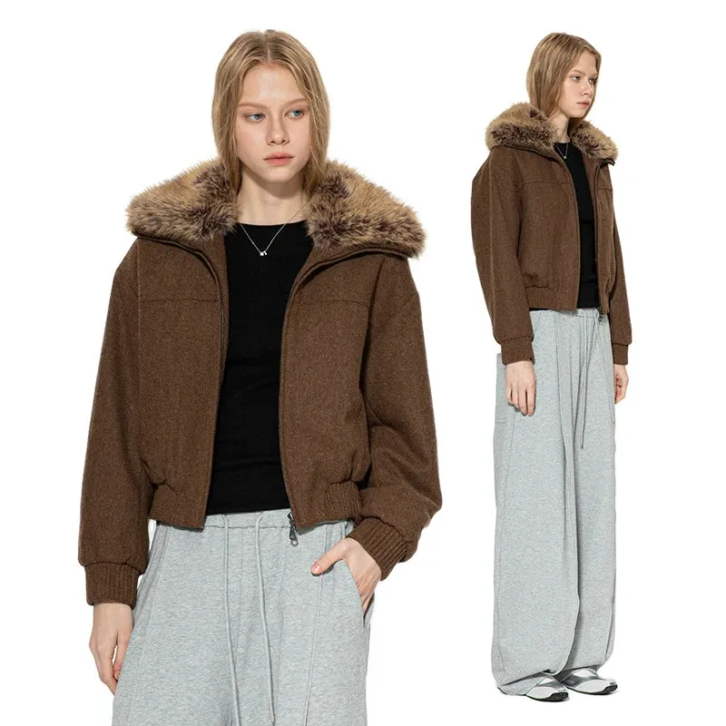 Brown Woolen Faux Fur Collar Jacket