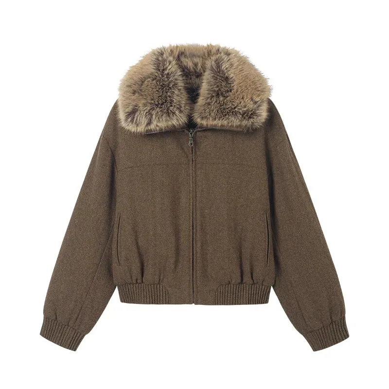 Brown Woolen Faux Fur Collar Jacket