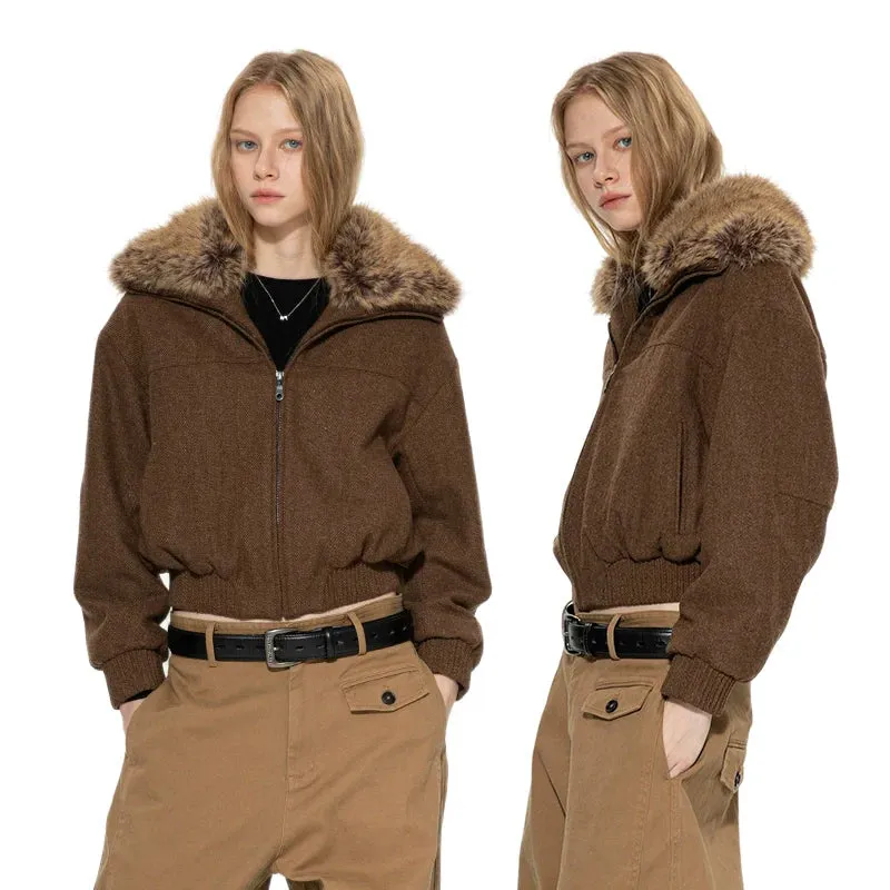Brown Woolen Faux Fur Collar Jacket