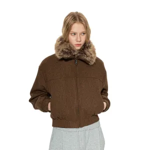 Brown Woolen Faux Fur Collar Jacket
