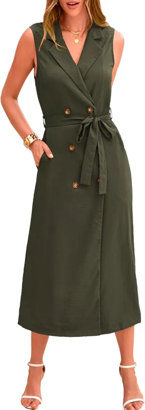 BTFBM Casual Business Dress 2024 Summer Work Office Lapel V Neck Slit Belted Sleeveless Button Down Dresses with Pockets