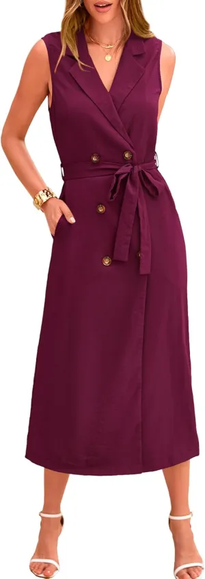 BTFBM Casual Business Dress 2024 Summer Work Office Lapel V Neck Slit Belted Sleeveless Button Down Dresses with Pockets