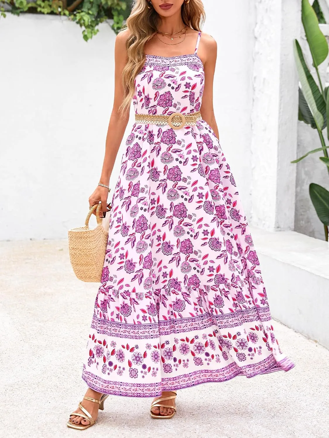 BTFBM Casual Women Summer Maxi Dresses 2025 Loose Sleeveless Sundress Spaghetti Strap Boho Long Dress Vacation