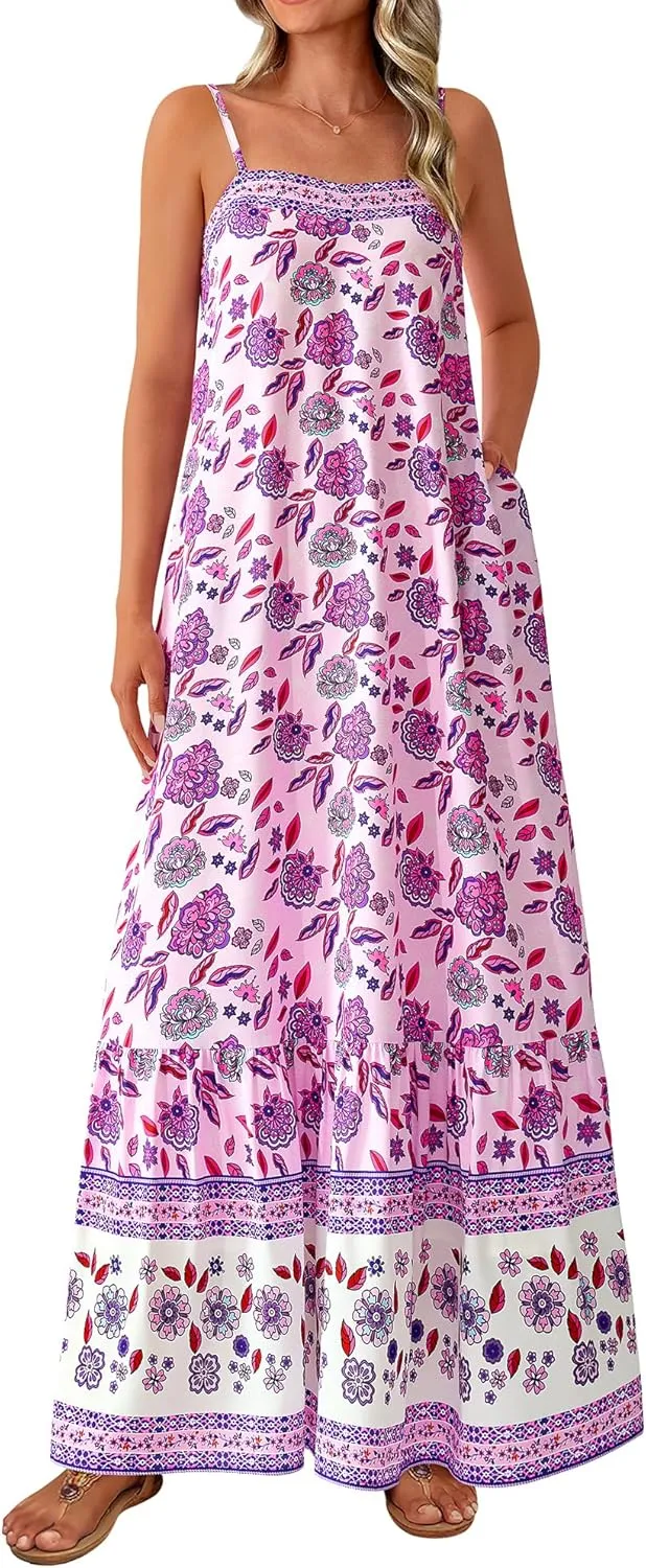 BTFBM Casual Women Summer Maxi Dresses 2025 Loose Sleeveless Sundress Spaghetti Strap Boho Long Dress Vacation