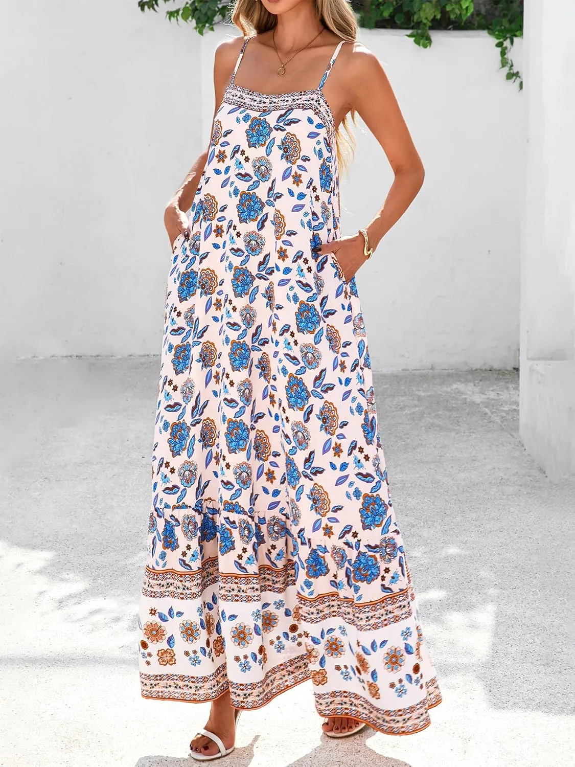 BTFBM Casual Women Summer Maxi Dresses 2025 Loose Sleeveless Sundress Spaghetti Strap Boho Long Dress Vacation