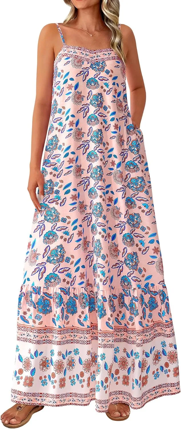 BTFBM Casual Women Summer Maxi Dresses 2025 Loose Sleeveless Sundress Spaghetti Strap Boho Long Dress Vacation