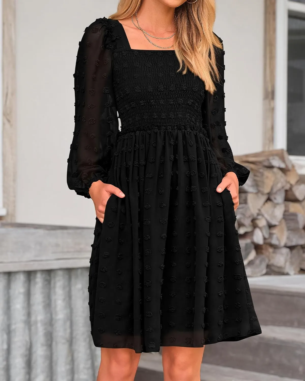 BTFBM Women Square Neck Smocked Dresses 2025 Summer Spring Long Sleeve Floral Swiss Dot Mini Boho Wedding Guest Dress