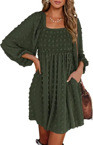 BTFBM Women Square Neck Smocked Dresses 2025 Summer Spring Long Sleeve Floral Swiss Dot Mini Boho Wedding Guest Dress