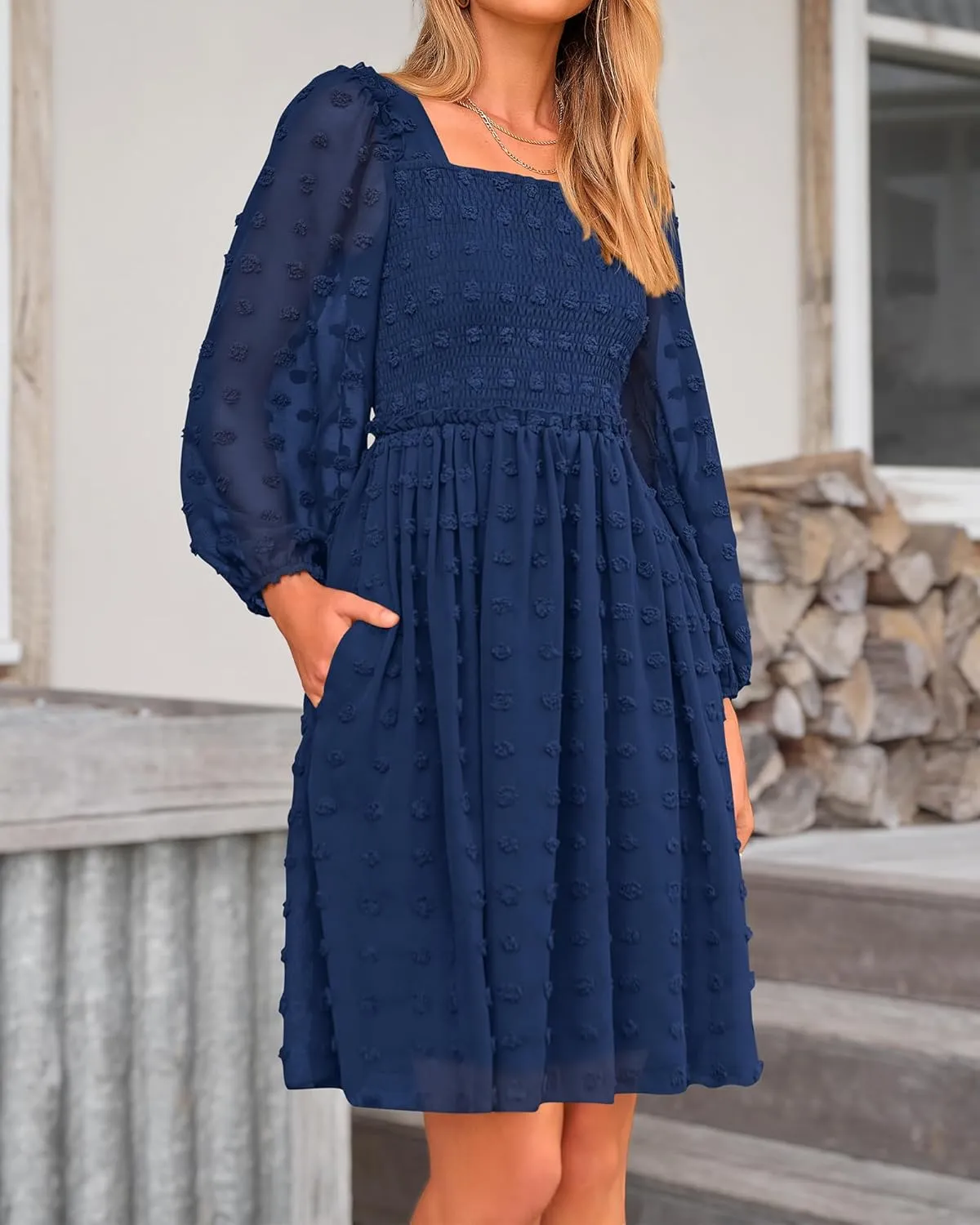 BTFBM Women Square Neck Smocked Dresses 2025 Summer Spring Long Sleeve Floral Swiss Dot Mini Boho Wedding Guest Dress