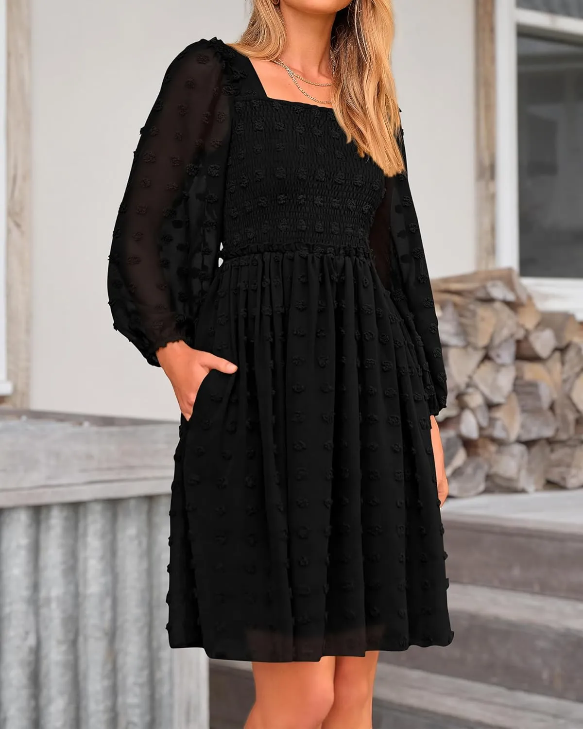 BTFBM Women Square Neck Smocked Dresses 2025 Summer Spring Long Sleeve Floral Swiss Dot Mini Boho Wedding Guest Dress