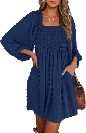 BTFBM Women Square Neck Smocked Dresses 2025 Summer Spring Long Sleeve Floral Swiss Dot Mini Boho Wedding Guest Dress