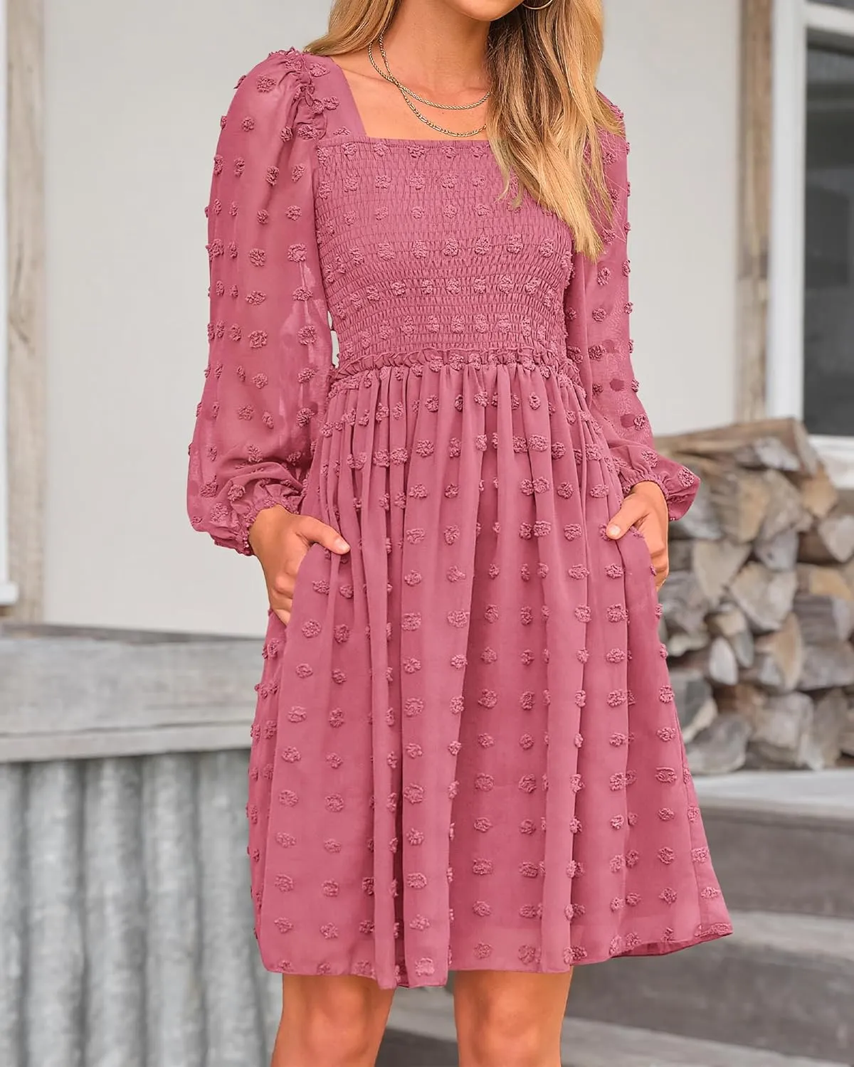 BTFBM Women Square Neck Smocked Dresses 2025 Summer Spring Long Sleeve Floral Swiss Dot Mini Boho Wedding Guest Dress
