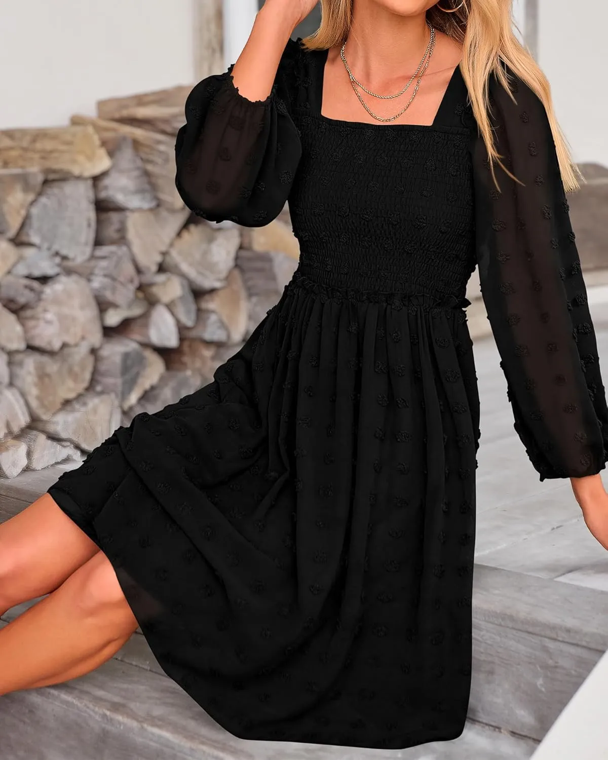 BTFBM Women Square Neck Smocked Dresses 2025 Summer Spring Long Sleeve Floral Swiss Dot Mini Boho Wedding Guest Dress