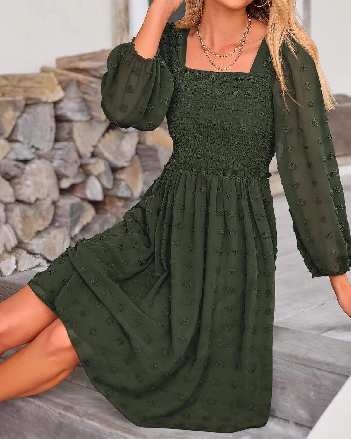 BTFBM Women Square Neck Smocked Dresses 2025 Summer Spring Long Sleeve Floral Swiss Dot Mini Boho Wedding Guest Dress