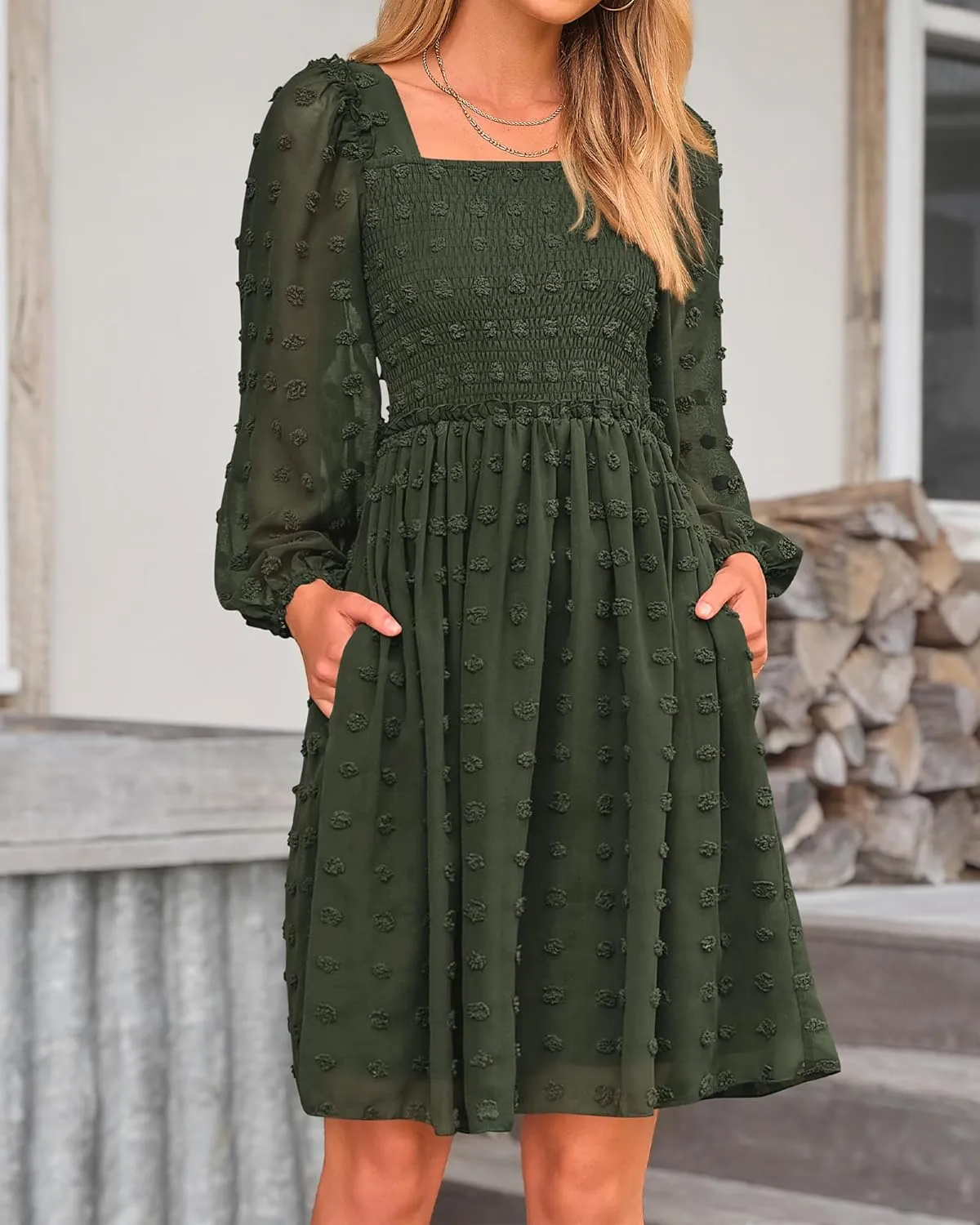 BTFBM Women Square Neck Smocked Dresses 2025 Summer Spring Long Sleeve Floral Swiss Dot Mini Boho Wedding Guest Dress