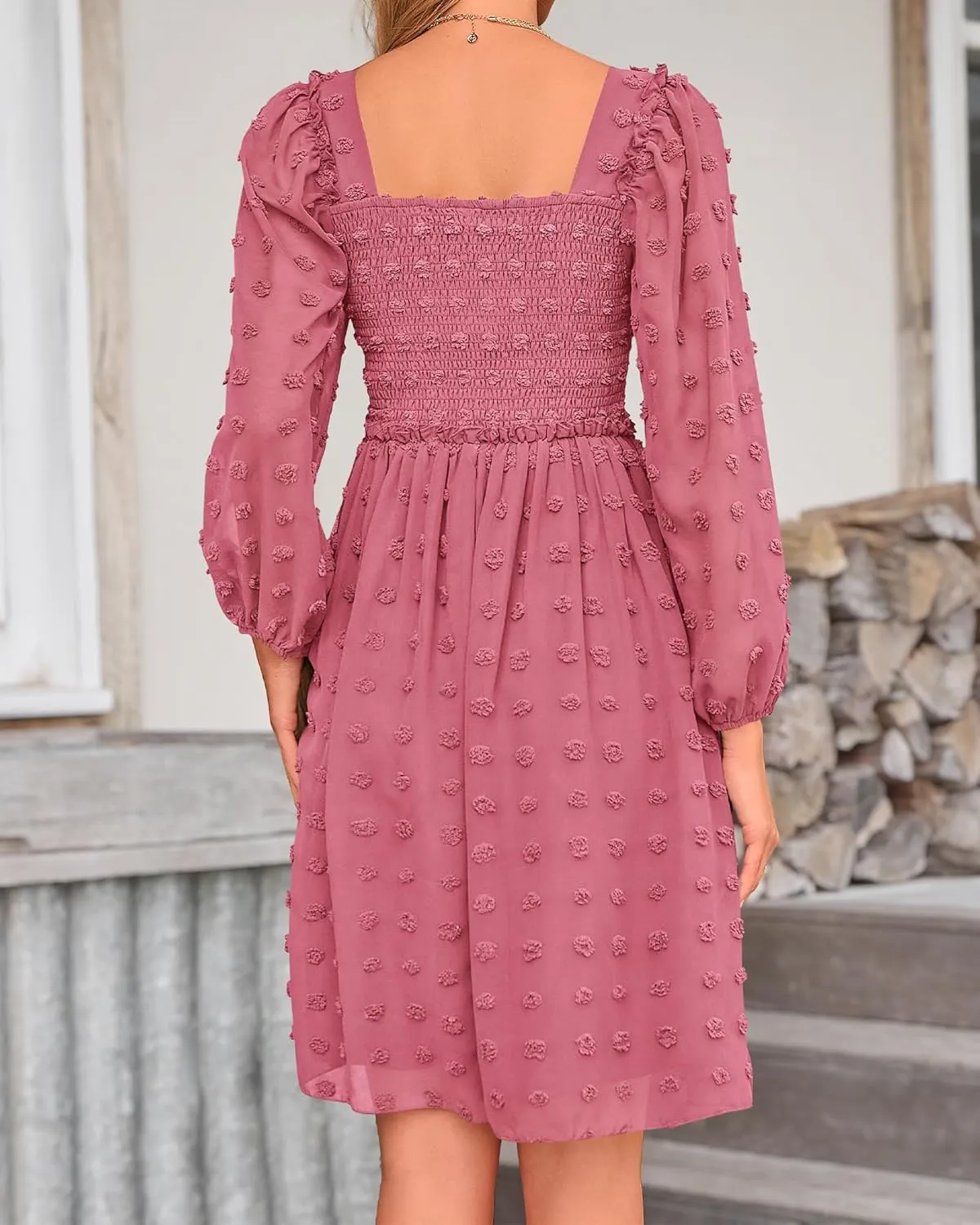 BTFBM Women Square Neck Smocked Dresses 2025 Summer Spring Long Sleeve Floral Swiss Dot Mini Boho Wedding Guest Dress