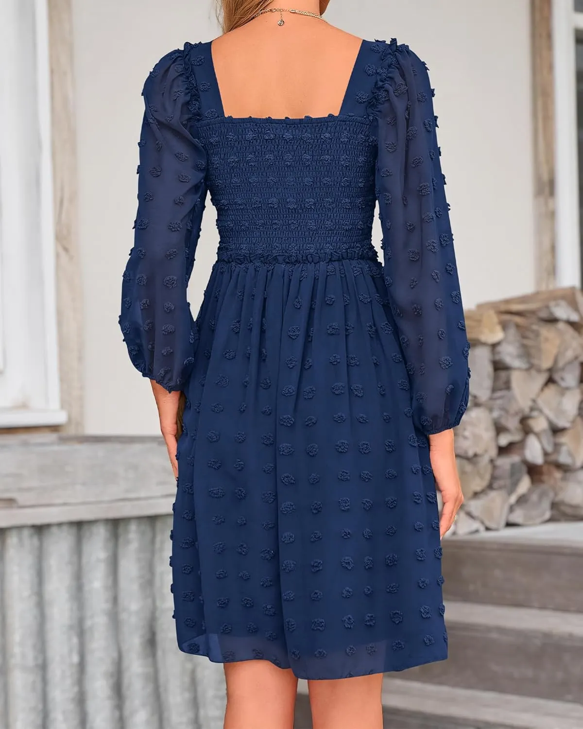BTFBM Women Square Neck Smocked Dresses 2025 Summer Spring Long Sleeve Floral Swiss Dot Mini Boho Wedding Guest Dress