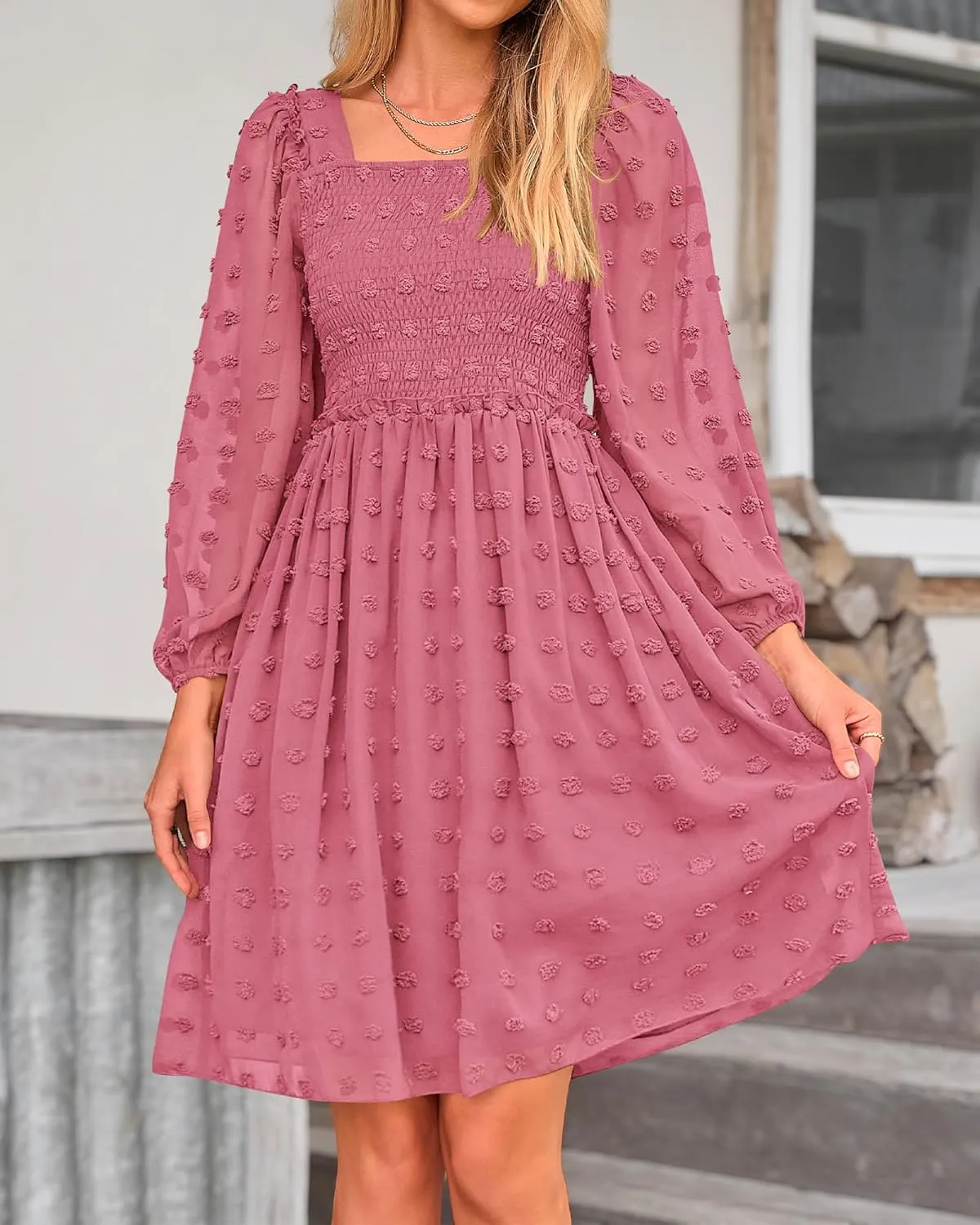 BTFBM Women Square Neck Smocked Dresses 2025 Summer Spring Long Sleeve Floral Swiss Dot Mini Boho Wedding Guest Dress
