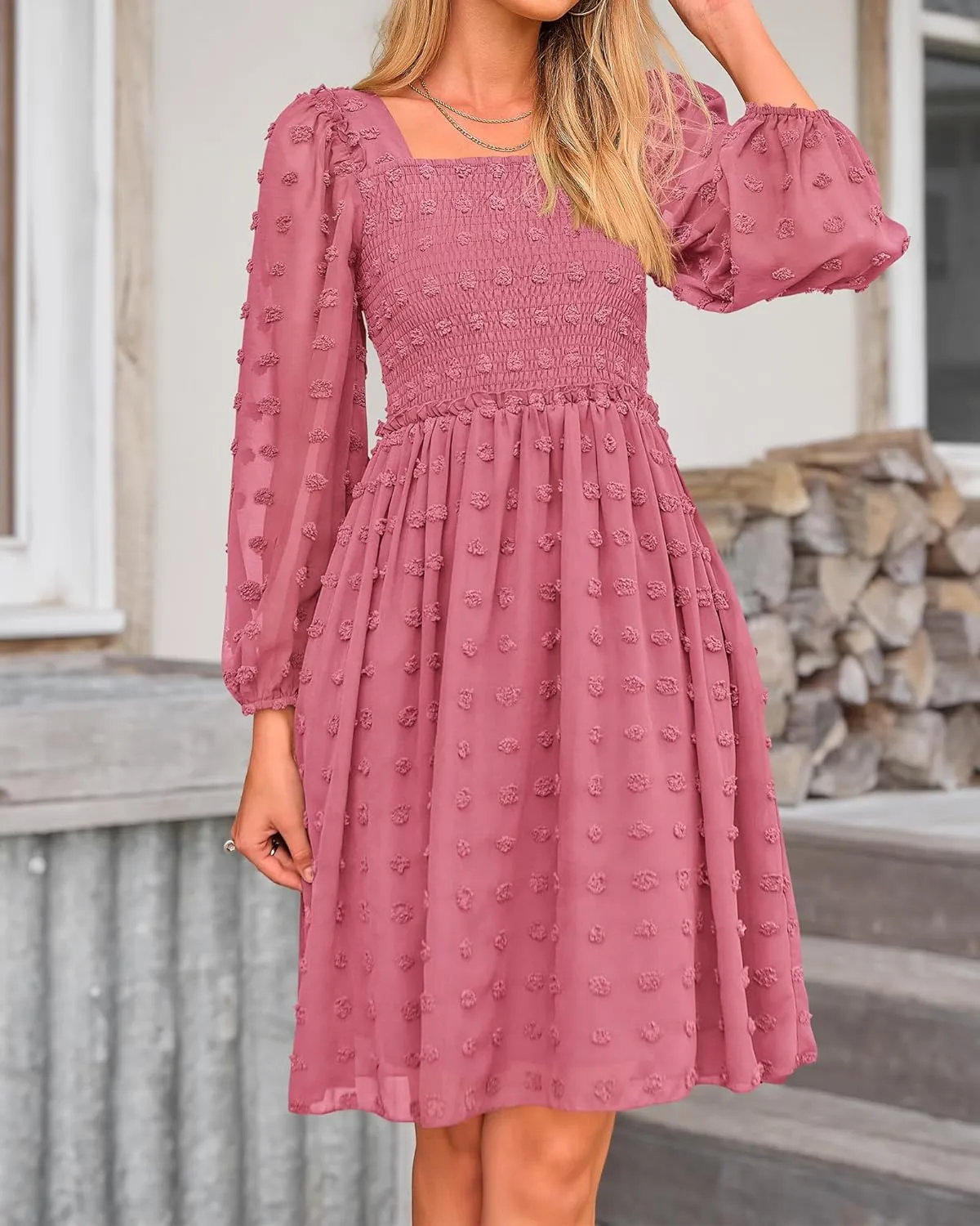 BTFBM Women Square Neck Smocked Dresses 2025 Summer Spring Long Sleeve Floral Swiss Dot Mini Boho Wedding Guest Dress
