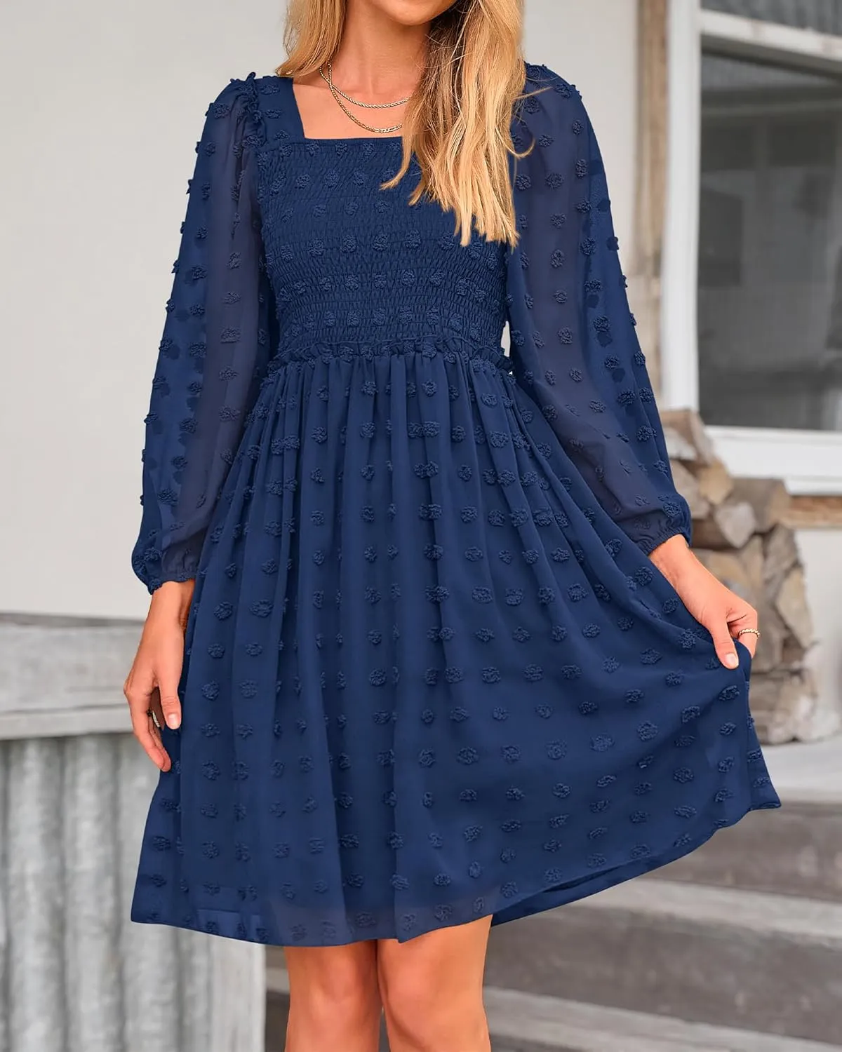 BTFBM Women Square Neck Smocked Dresses 2025 Summer Spring Long Sleeve Floral Swiss Dot Mini Boho Wedding Guest Dress