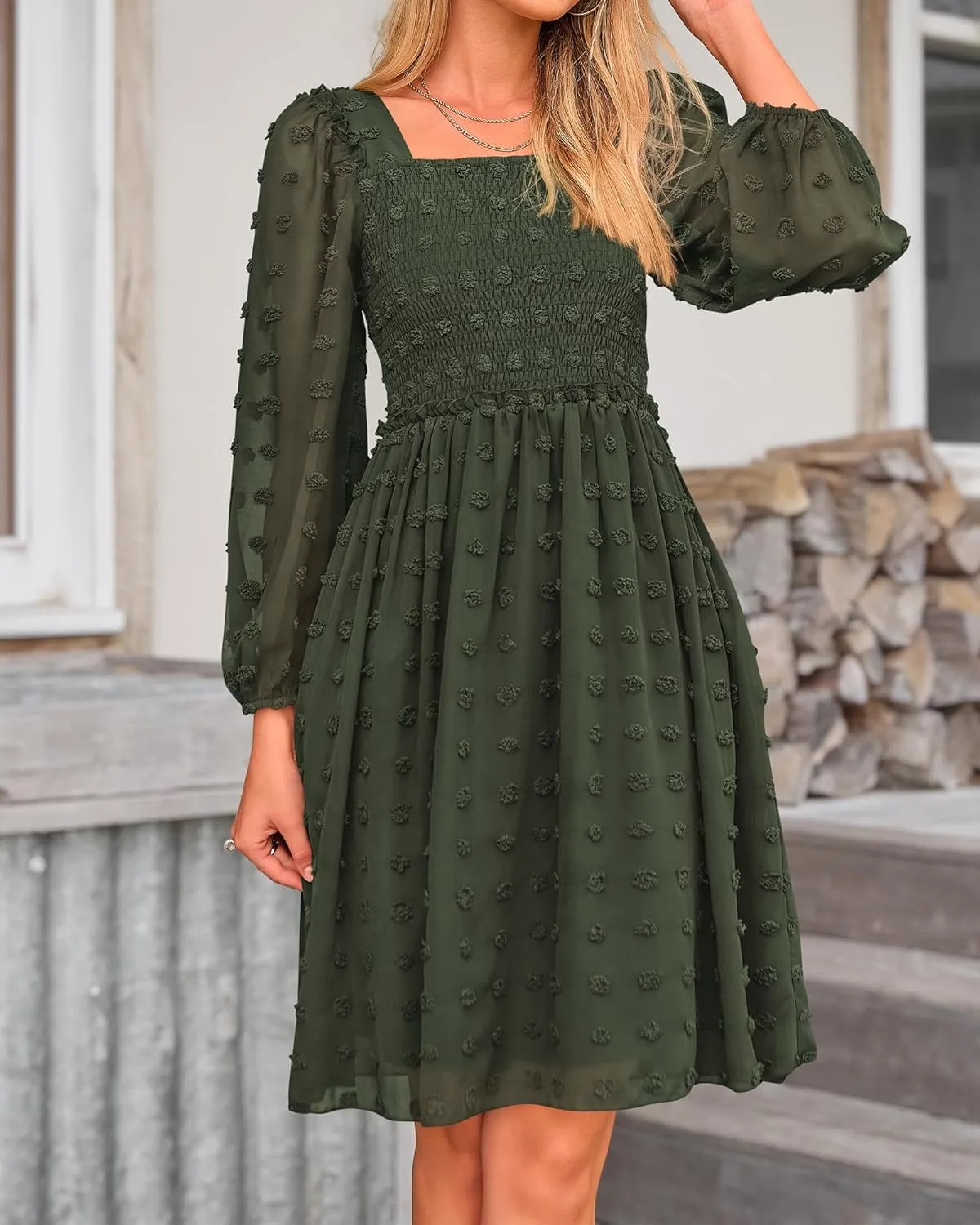 BTFBM Women Square Neck Smocked Dresses 2025 Summer Spring Long Sleeve Floral Swiss Dot Mini Boho Wedding Guest Dress