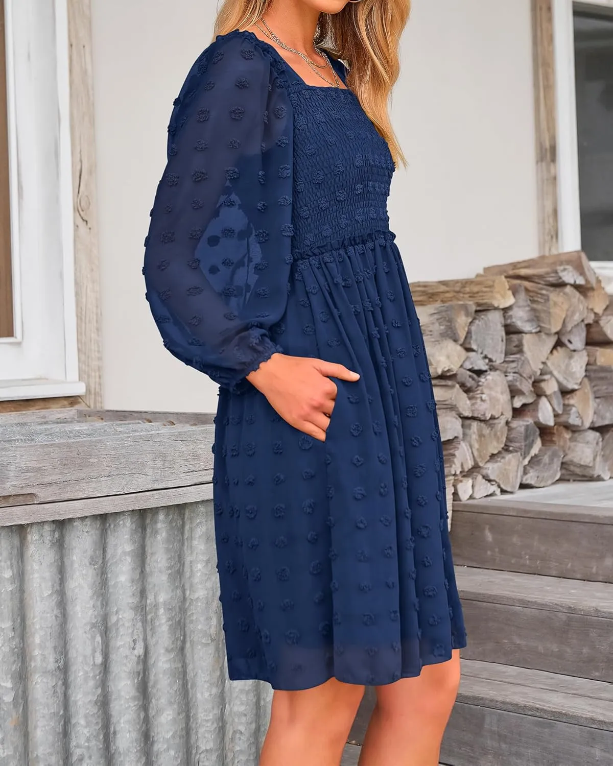 BTFBM Women Square Neck Smocked Dresses 2025 Summer Spring Long Sleeve Floral Swiss Dot Mini Boho Wedding Guest Dress