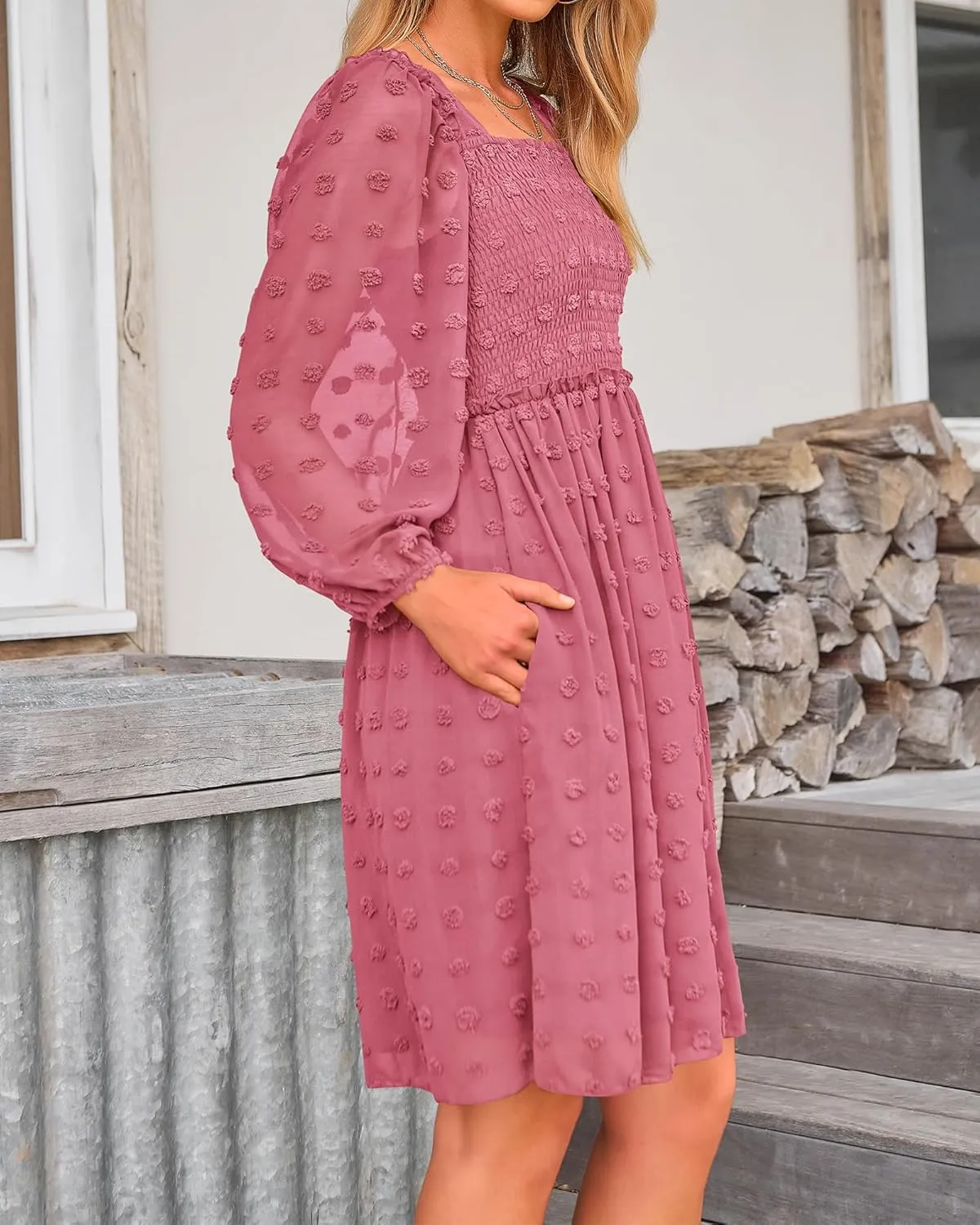 BTFBM Women Square Neck Smocked Dresses 2025 Summer Spring Long Sleeve Floral Swiss Dot Mini Boho Wedding Guest Dress